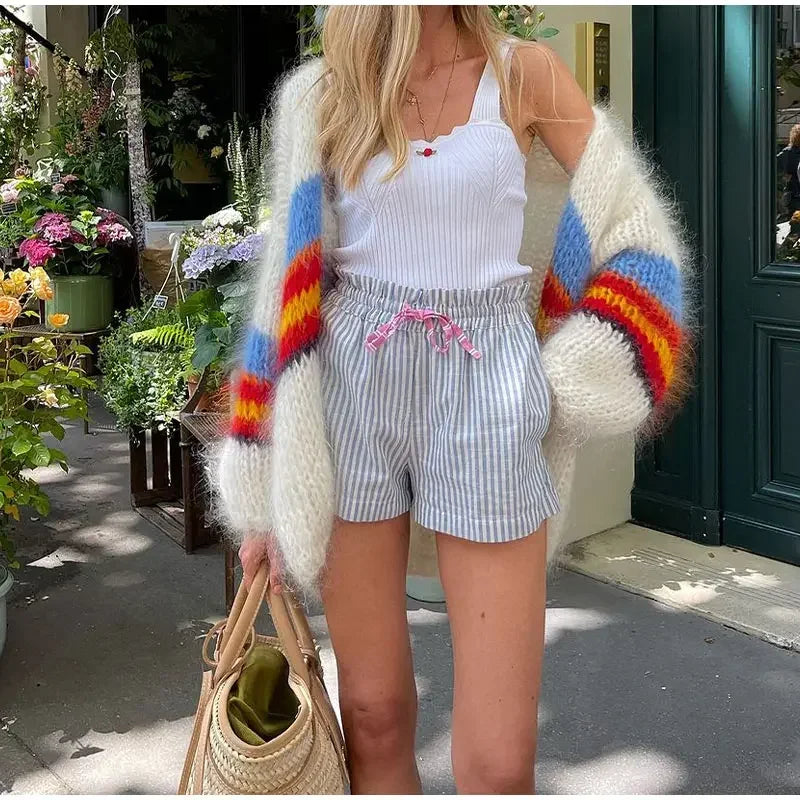 2024 New Autumn Women Mohair Stripe Cardigan Fashion Contrast Open Stitch Long Sleeve Sweater High Street Female Street Knitwear