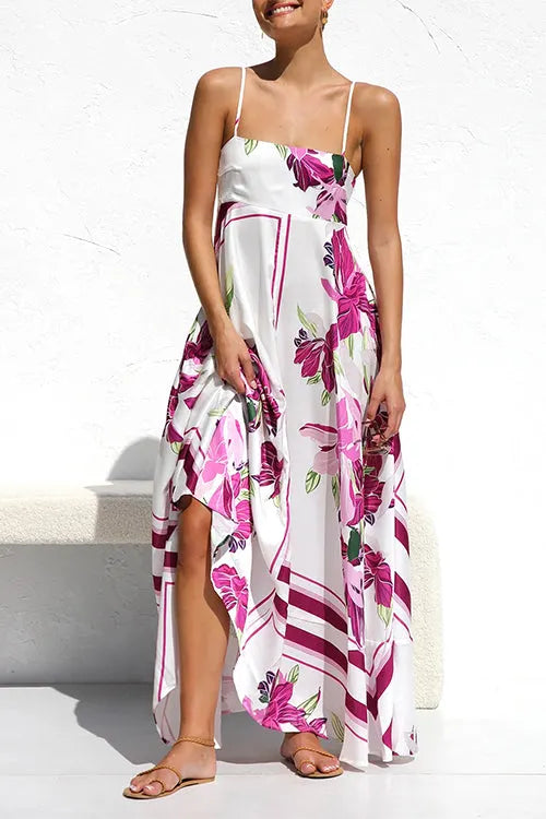 Spaghetti Strap High Waist Floral Print Swing Maxi Vacation Dress