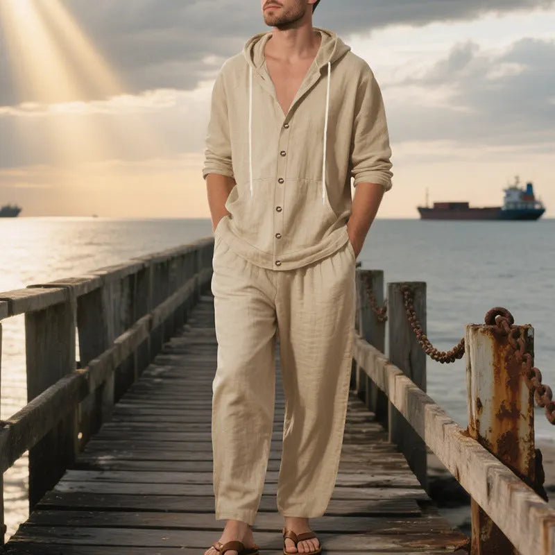 Herren nan legeres Leinen-Baumwoll-Ensemble mit Kapuzen-Oberteil und durchgehender Knopfleiste, Kängurutasche und knöchellanger weiter Hose