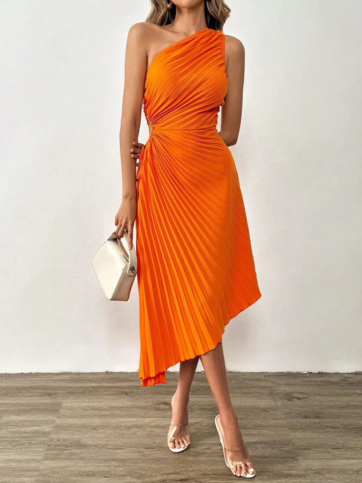 Vestido Midi Feminino Eleonora Laranja Plissado