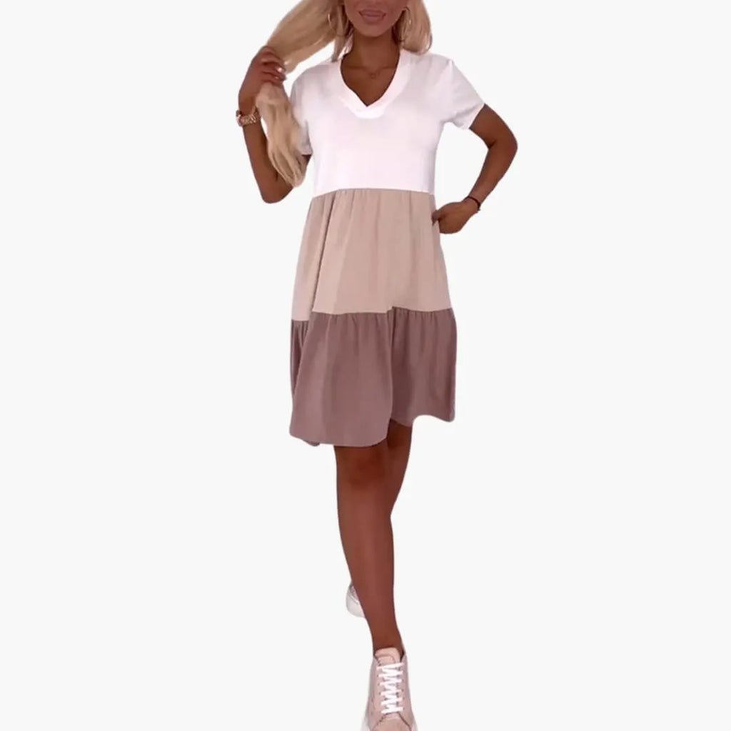 Womenâ€™s Dress with Short Sleeves and Colourblock Pattern