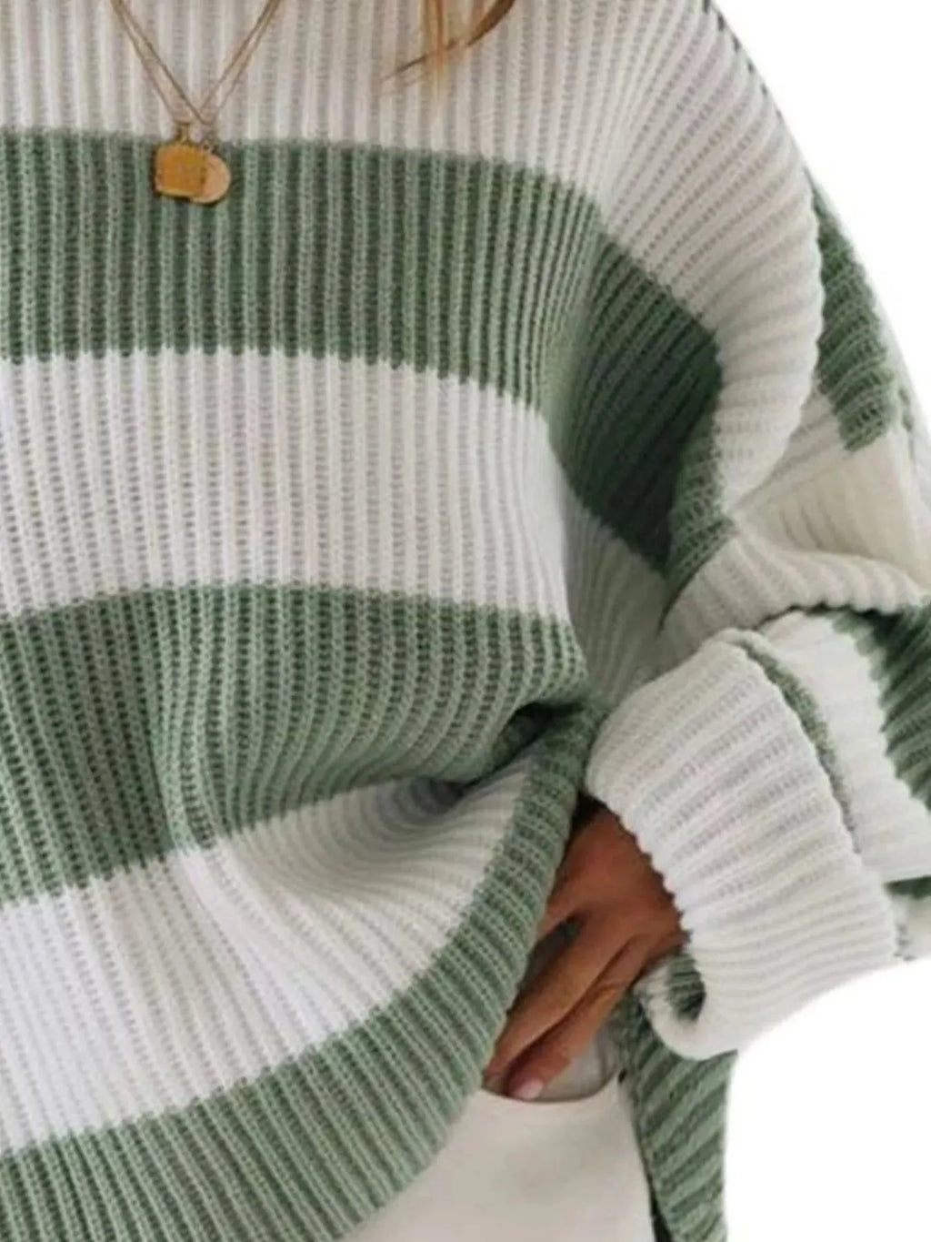 Full Size Contrast Striped Round Neck Sweater Plus Size