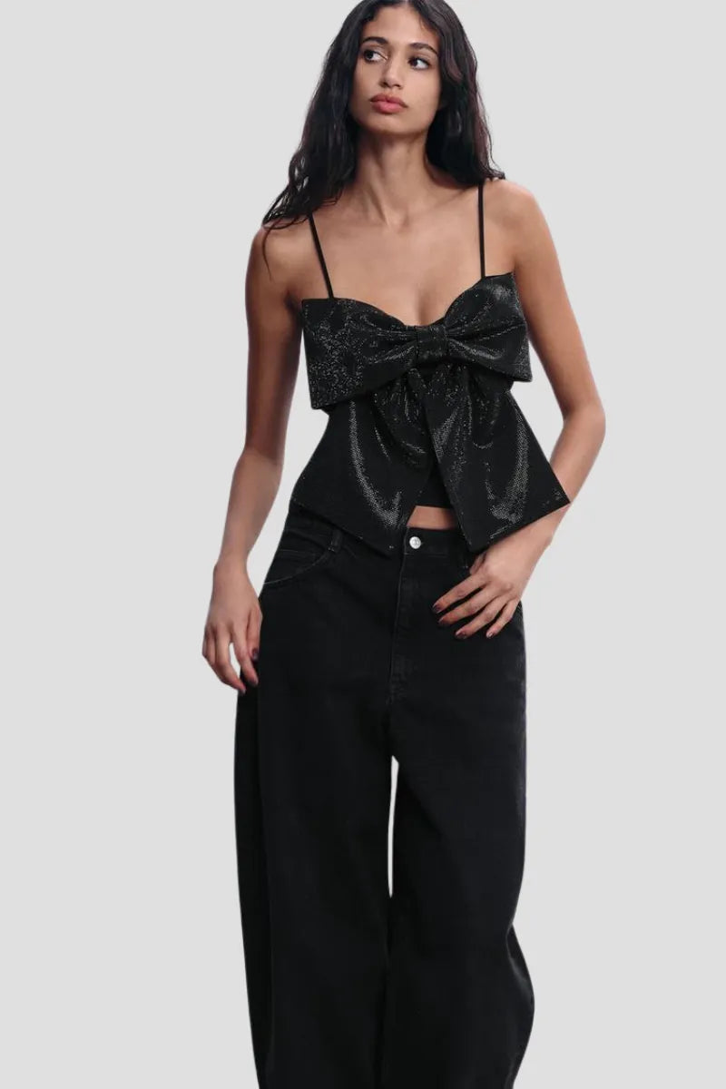 LOULOU | Zwarte Glitter Strik Top Voor Dames - Elegant, Feestelijk & Stralend