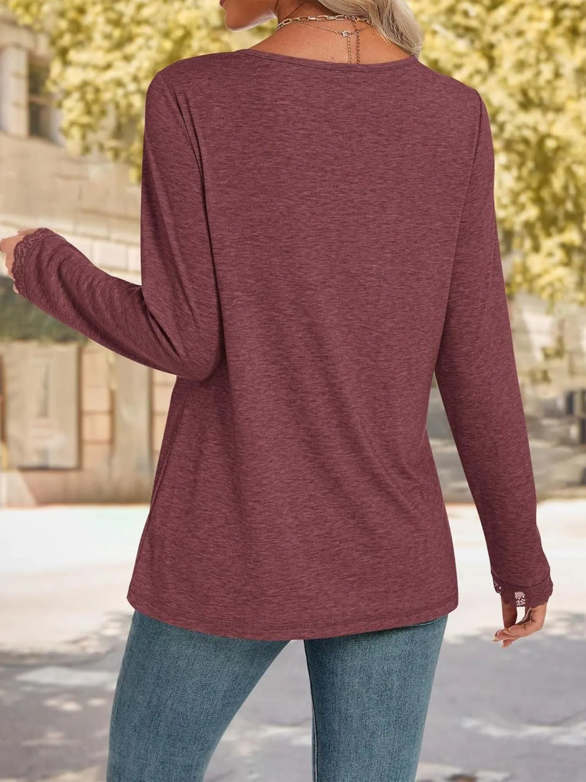 Lace Trim V-Neck Long Sleeve T-Shirt