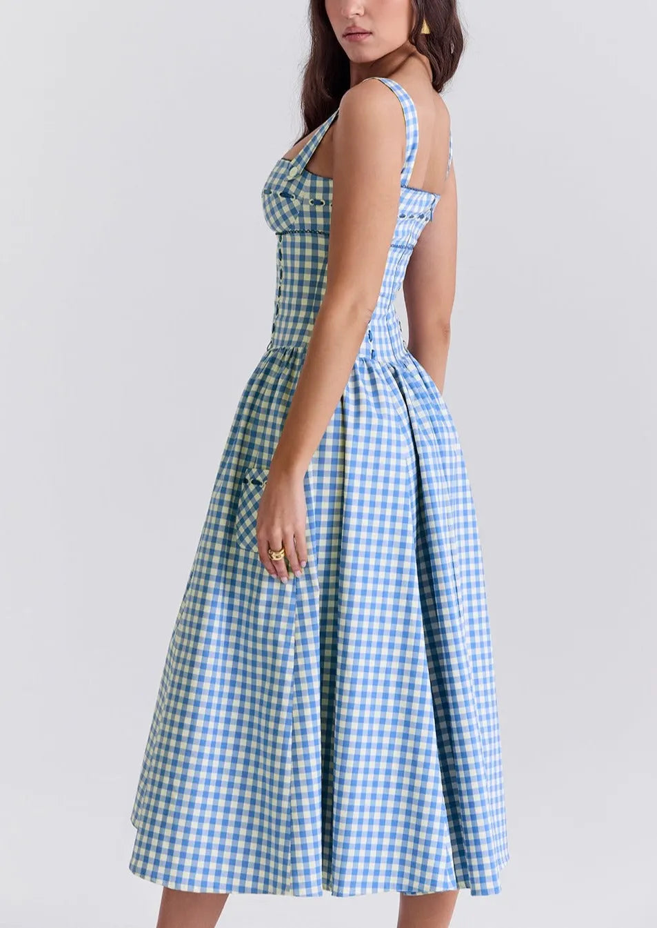Gingham Kleid – Eckiger Ausschnitt, Knopfdetails