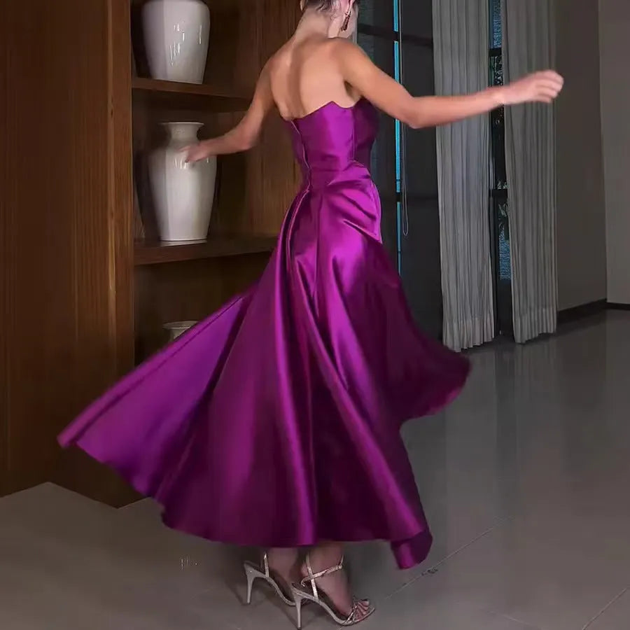 Strapless Lace-up High Slit Satin Maxi Party Dress