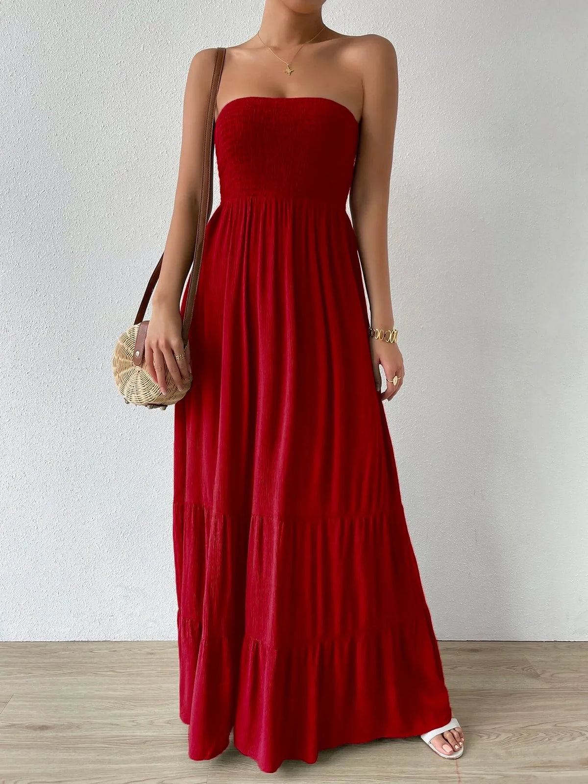 Vestido Feminino Longo Com Babado Liso Vermelho