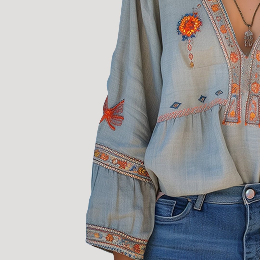 Bohemian women's blouse with floral embroidery and V-neck collar