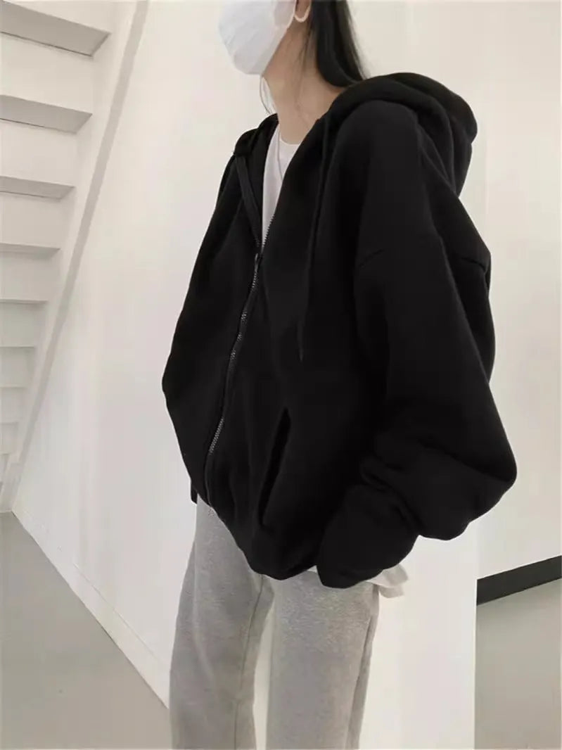 Zip-up Oversized Solid Pocket Hooded Langarm Lose Baseball Jacke