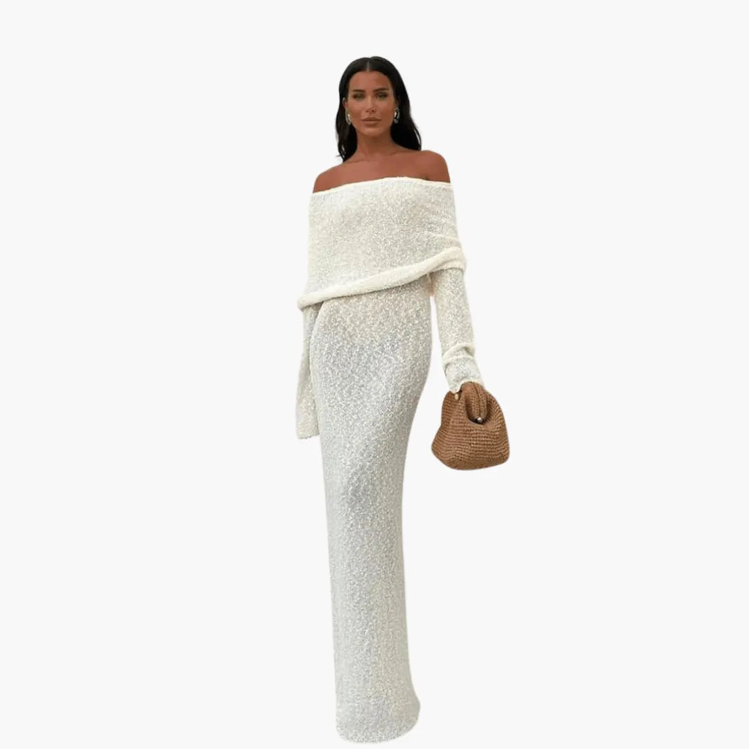 Womenâ€™s Off-Shoulder Maxi Dress with Decorative Finish