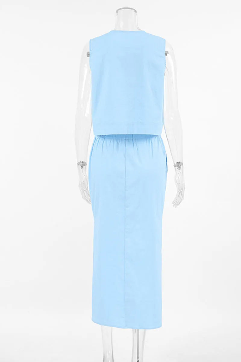 Elegant Simplicity Solid Buttons Slit O Neck Sleeveless Two Pieces
