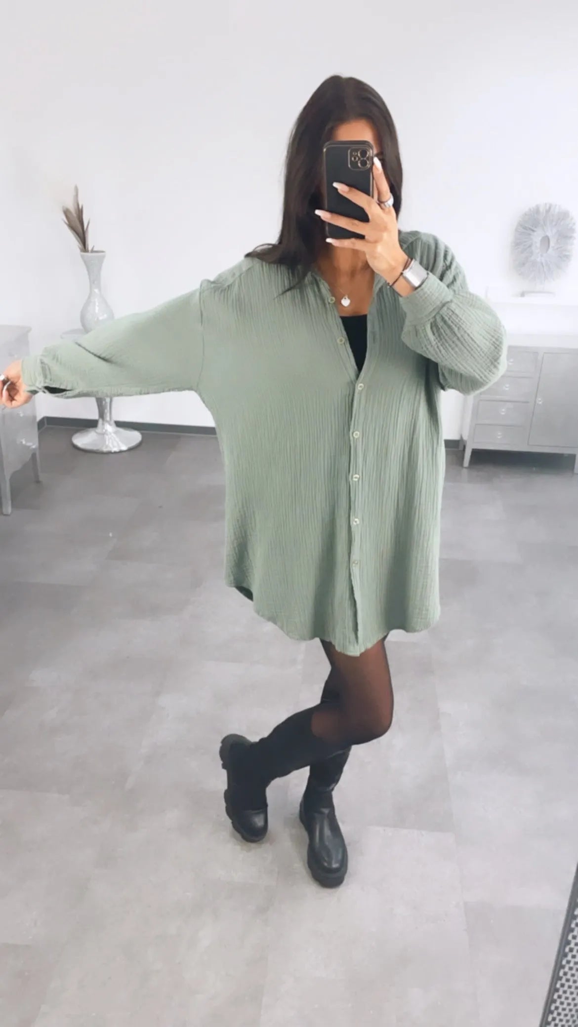 Damen-Musselinbluse aus Baumwolle mit Oversize-Schnitt und Waffelmuster