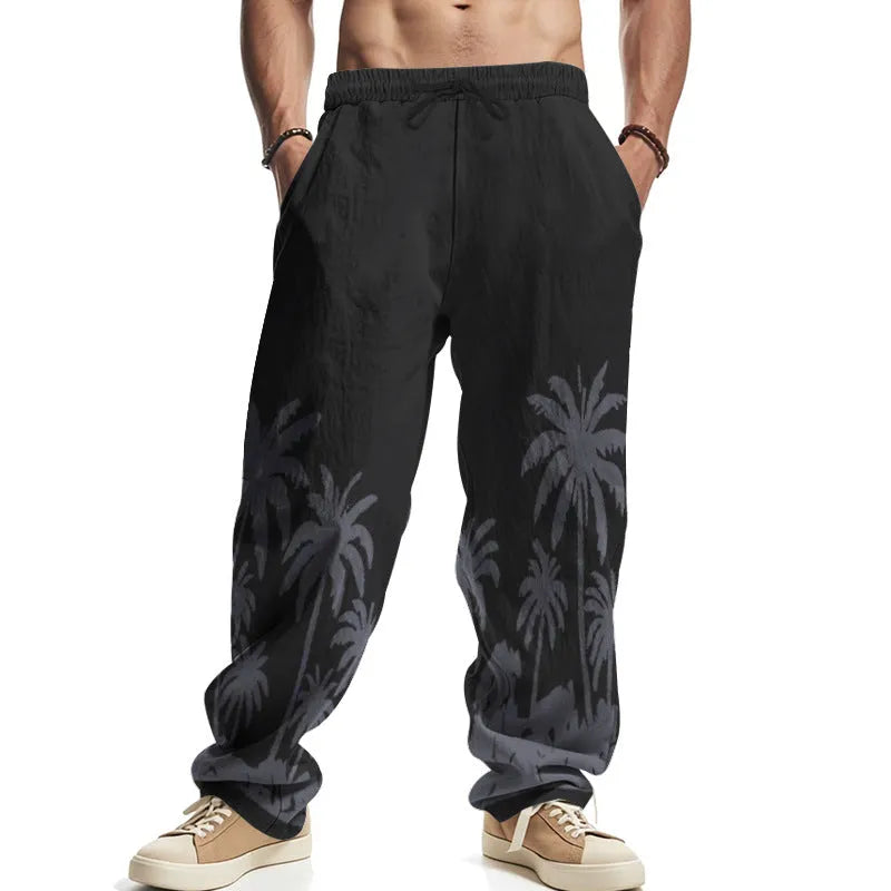 Herren nan weite Freizeit-Hose aus Baumwoll-Leinen-Mix mit Palmenprint, Elastikbund und Kordelzug