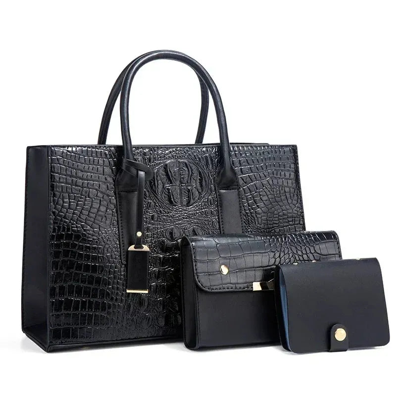Stella | Elegant håndtaskesæt med krokodilleskindsmønster, pung og clutch