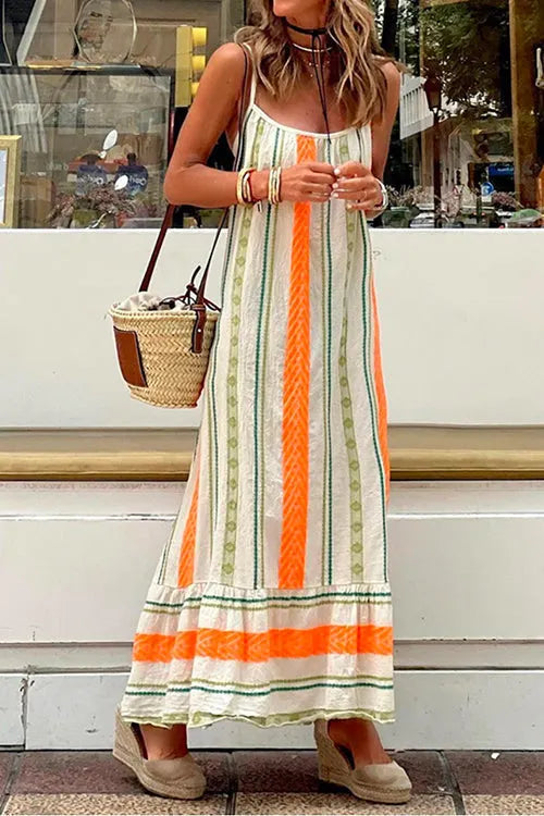 Color Block Printed Ruffle Maxi Cami Dress