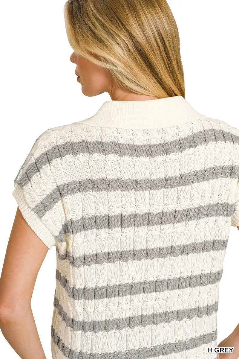Zenana Textured Stripe Collared Sweater Vest