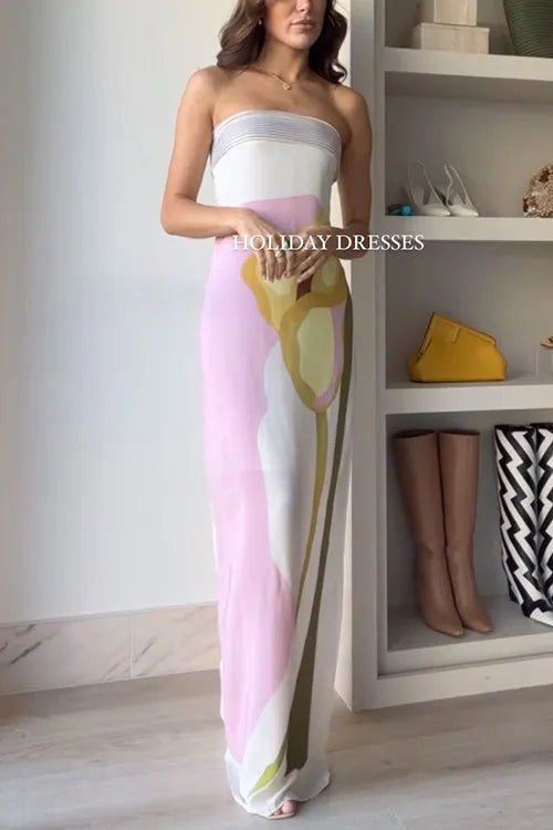 Strapless Color Block Printed Maxi Holiday Dress