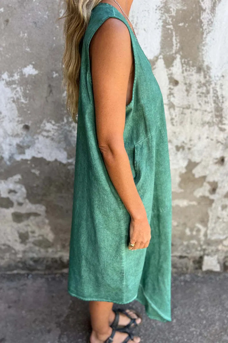 Casual Solid Color Pocket Buttons O Neck Sleeveless Dresses