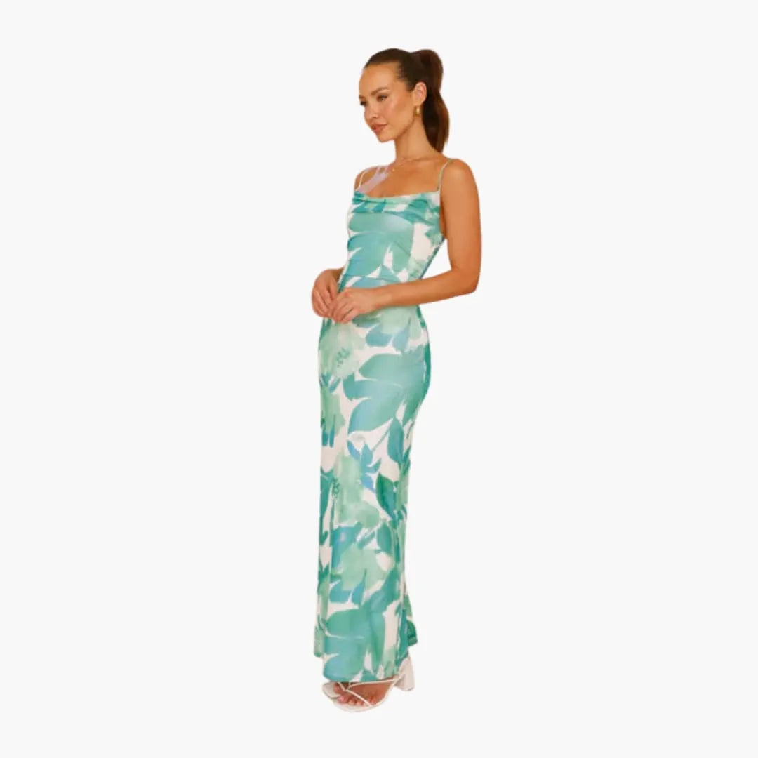 Womenâ€™s maxi dress with cowl neckline and lace-up back