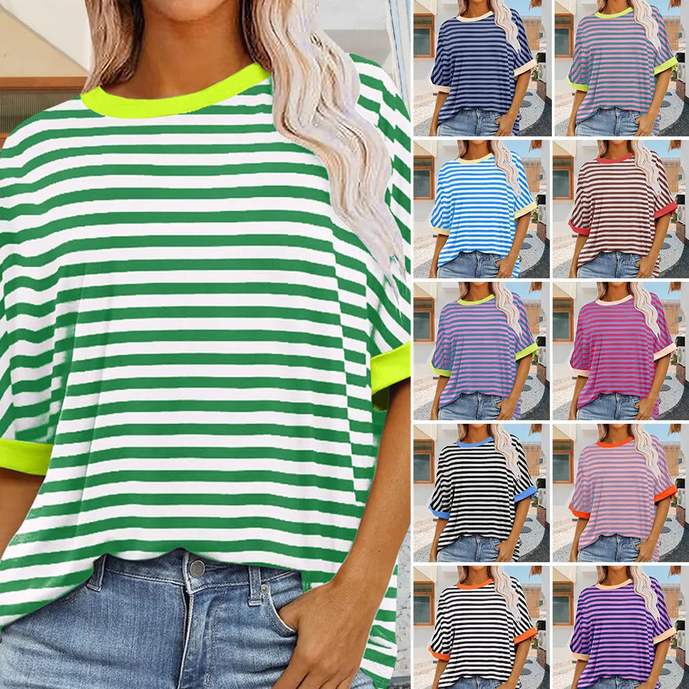 sommer Damen Neue Einfache Gestreiften Rundhals Trendy Kurzen Ärmeln