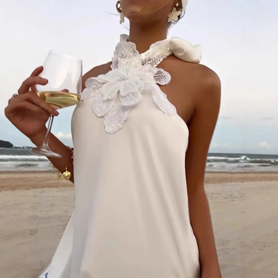 Long halter crochet backless evening dress