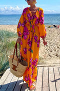 V Neck Long Sleeves Tie Waist Floral Maxi Holiday Dress