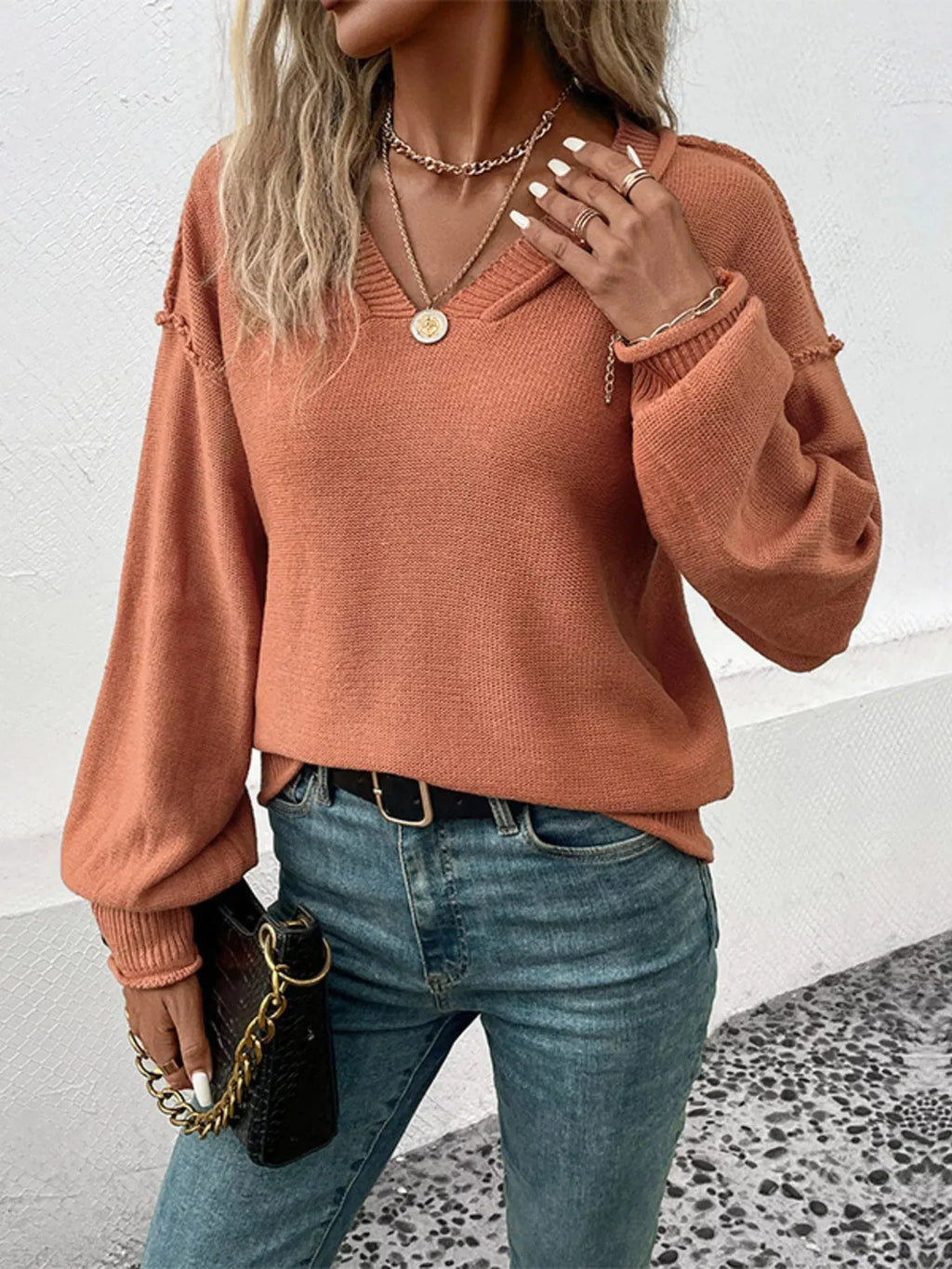 V-Neck Dropped Shoulder Sweater