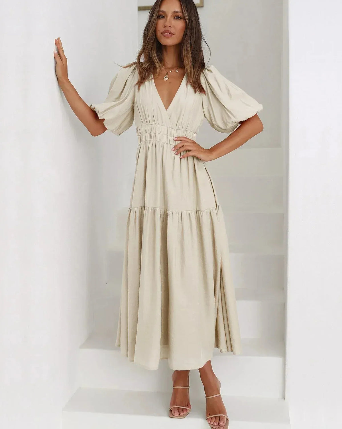 Women's Fluid Midi Dress with V-Neck