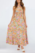 Criss Cross Halter Backless Cut Out Slit Floral Maxi Dress