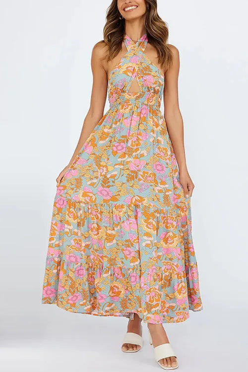 Criss Cross Halter Backless Cut Out Slit Floral Maxi Dress