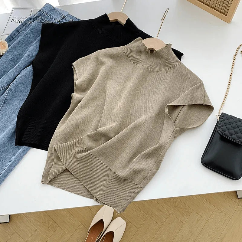 Eleganter Kurzarm-Top mit hohem Kragen