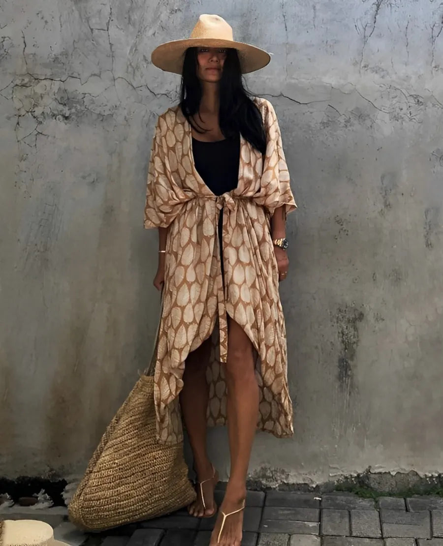 Retro Kimono Langer, gemusterter Strandkimono mit Gürtel für Damen