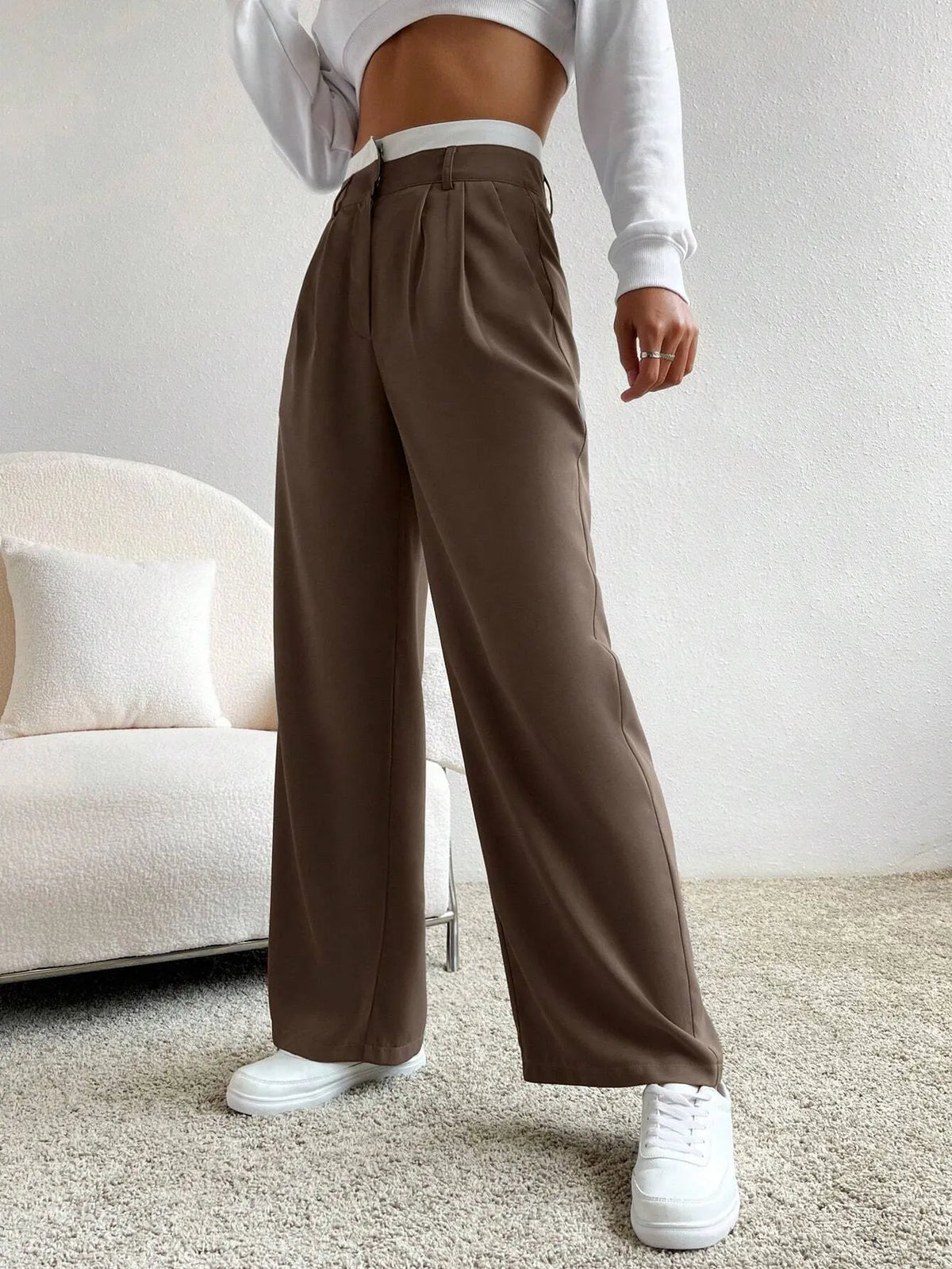 CalÃ§a Feminina Pantalona Paris Marrom com Branco