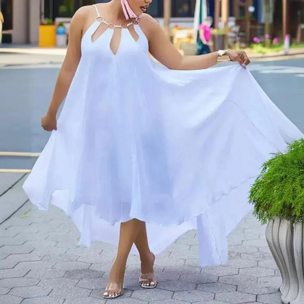 Sexy metal buckle collar loose long dress
