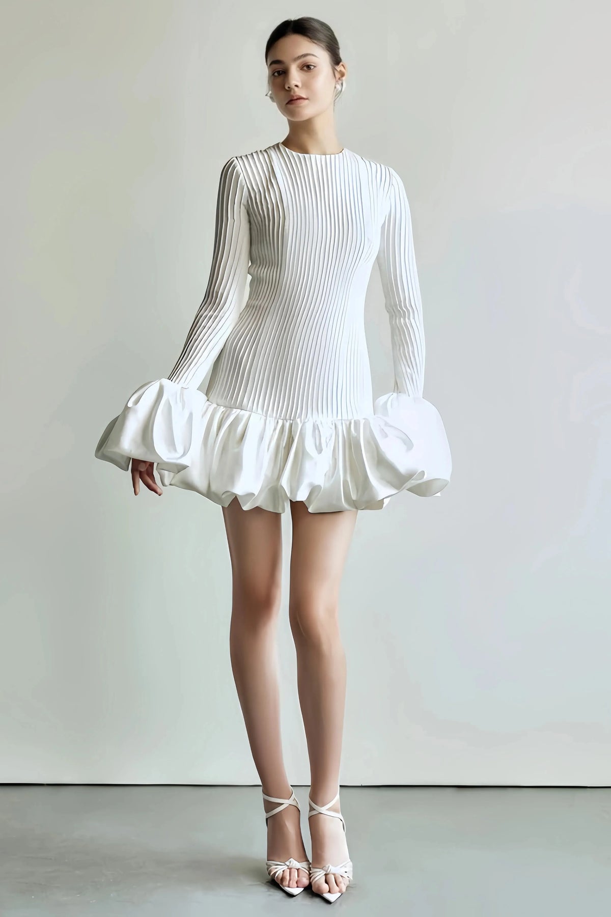 Clara Women's Elegant Pleated White Dress - Mini