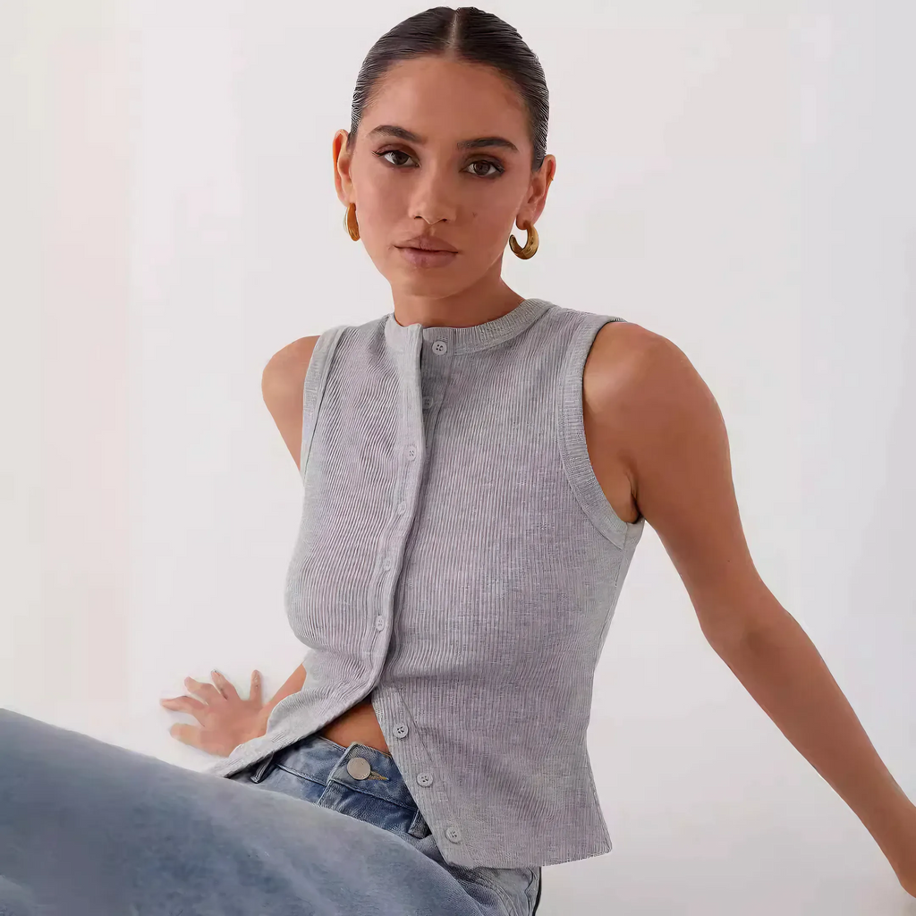 Ärmelloses Rippstrickkleid mit Knopfleiste