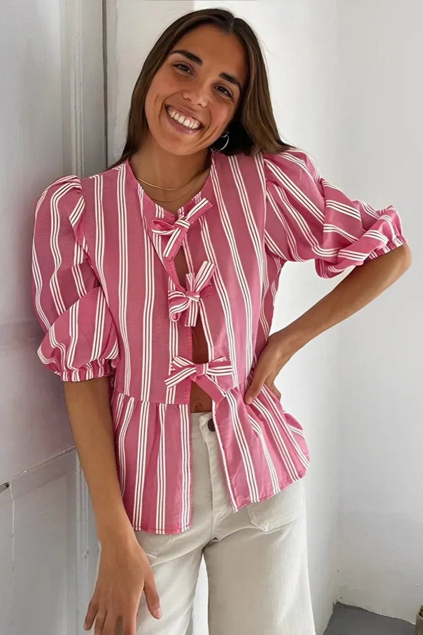 Rosa Gestreifte Bluse mit Schleifendetails