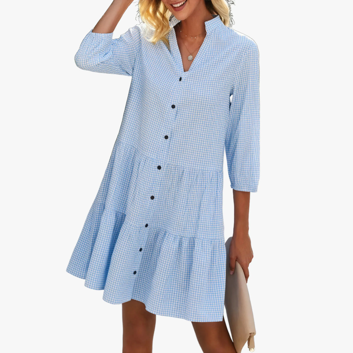 Gingham Kleid mit V-Ausschnitt
