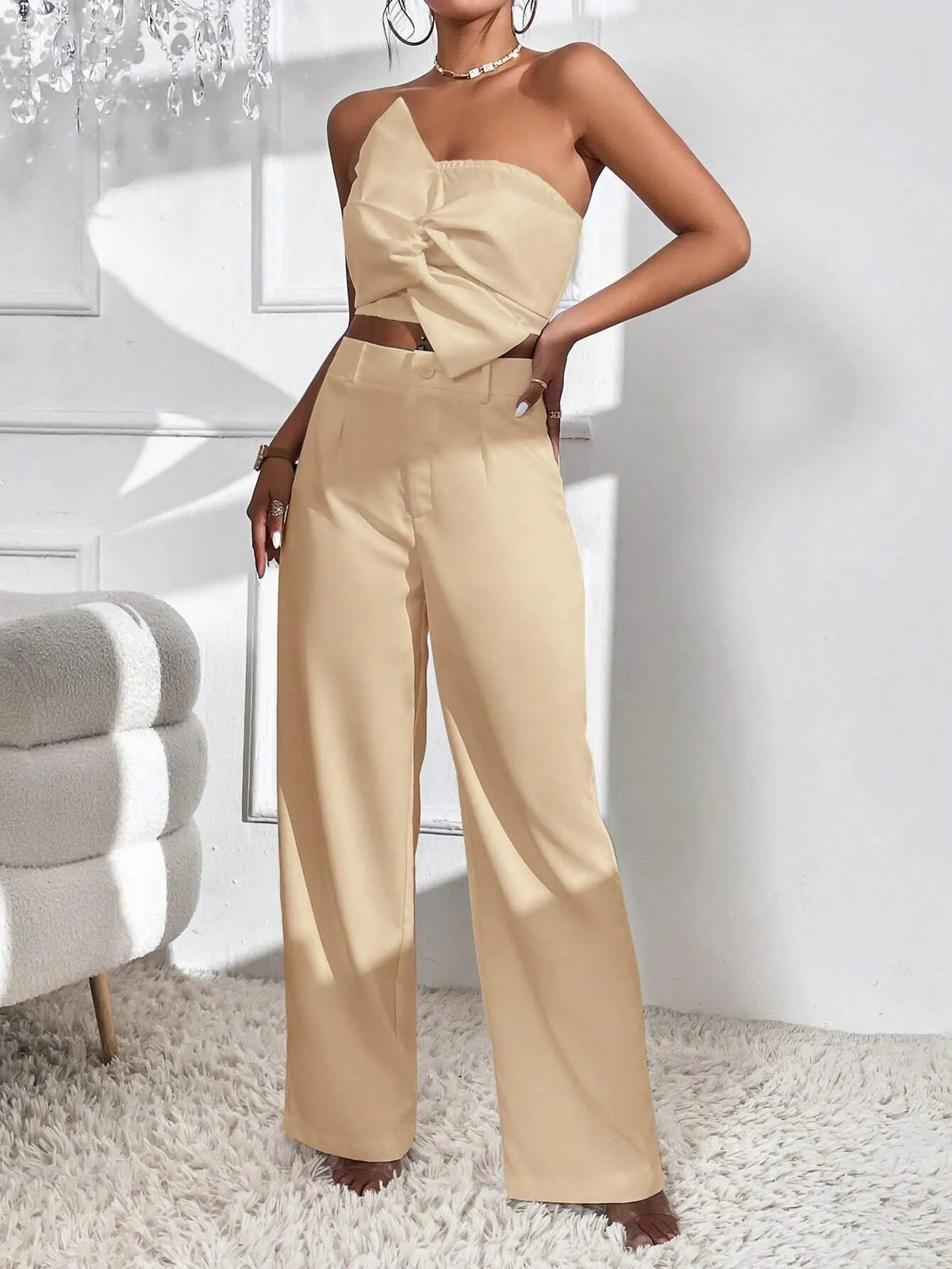 Conjunto Feminino CalÃ§a e Cropped Bege Lys