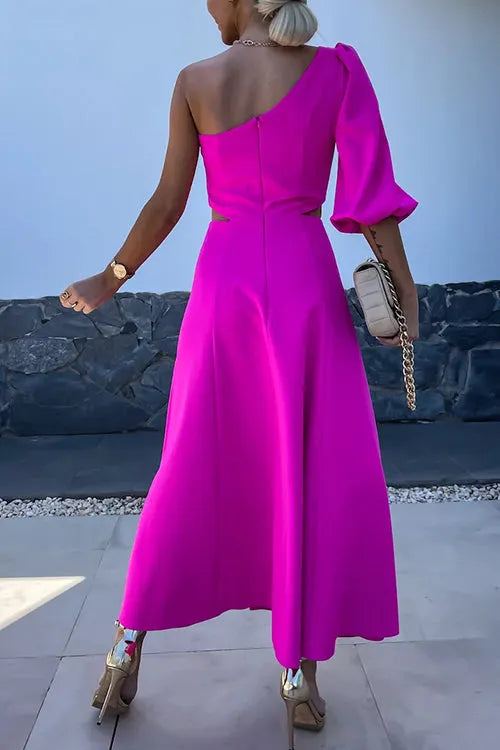3D Rose One Shoulder Cut Out Waist Slit Midi Satin Dress