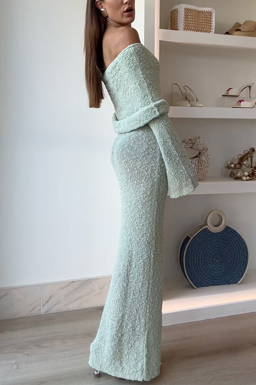 Off Shoulder Hollow-out Knit Stretchy Maxi Dress