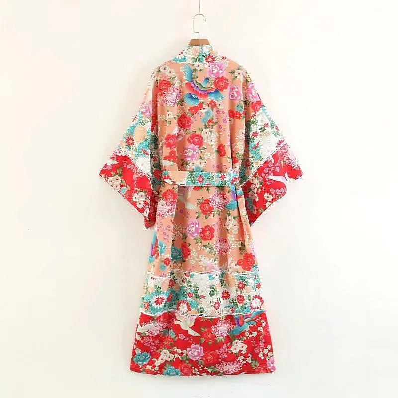 Boho Patchwork Maxi Floral Print Long Batwing Sleeve Belt Cover-up