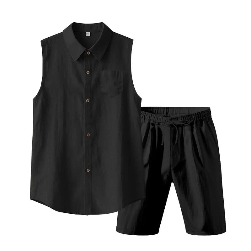 Herren nan ärmelloses Hemd- und Shorts-Set aus Baumwoll-Leinen mit Kentkragen und elastischem Tunnelzugbund