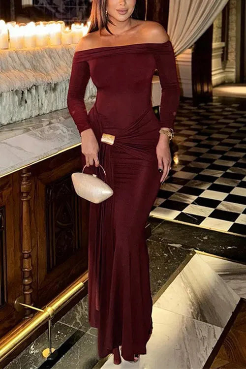 Off Shoulder Knot Front Bodycon Maxi Party Dress