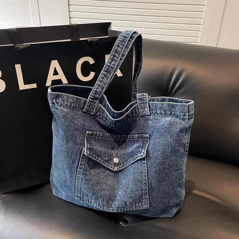 ROOS | Denim Tote Bag Voor Dames Met Voorvak En Lange Hengsels – Casual, Praktisch, Tijdloos