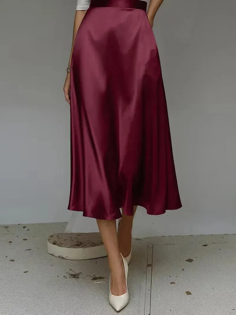 Satin Skirt for Women with High Waist and Midi Length
