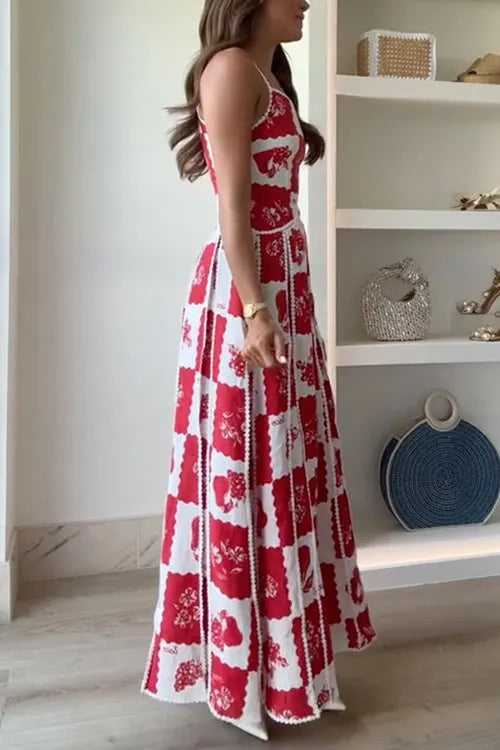 One Shoulder Ric Rac Trim Unique Print Maxi Cami Dress