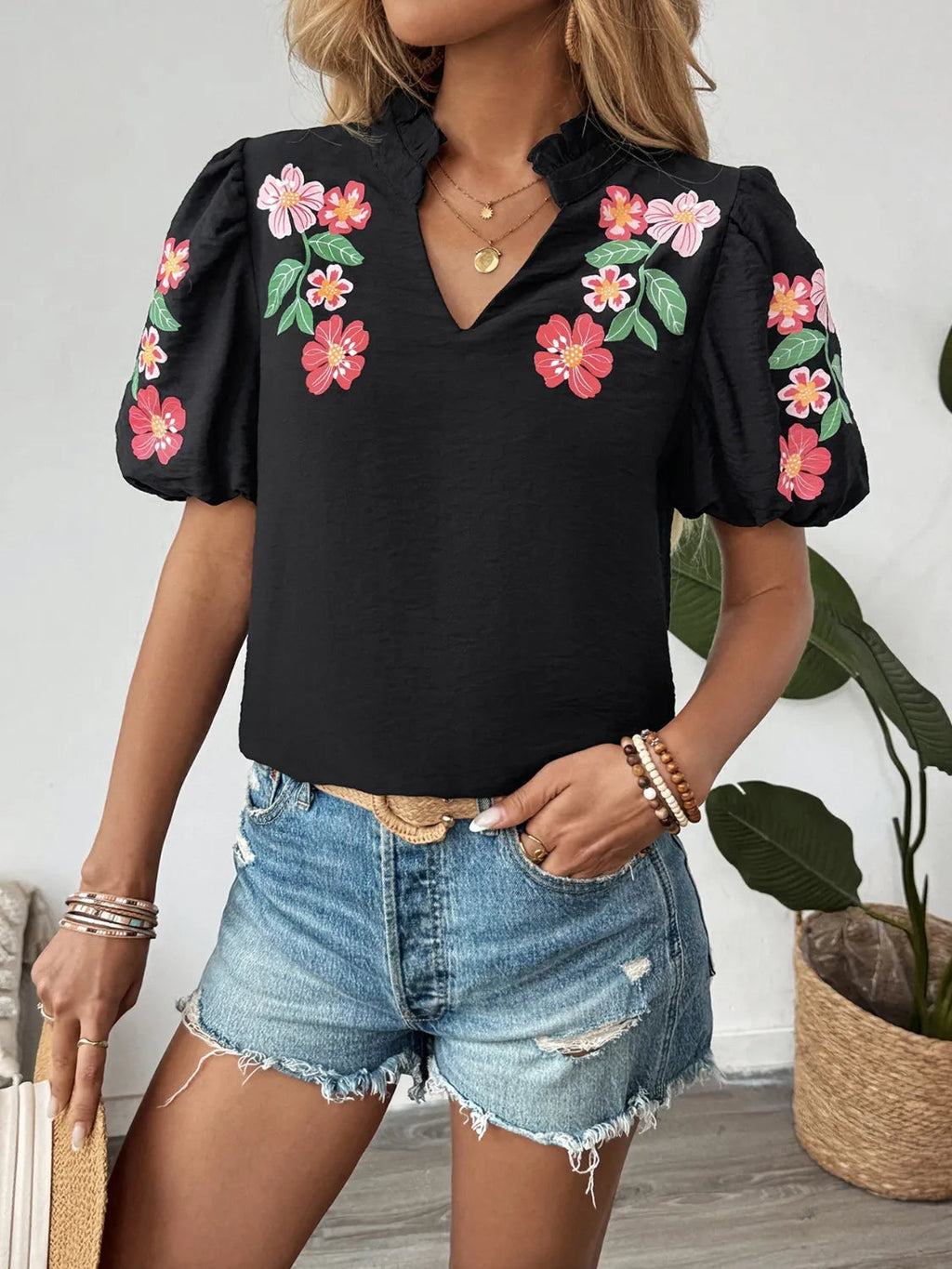 Floral Puff Sleeve Notched Blouse