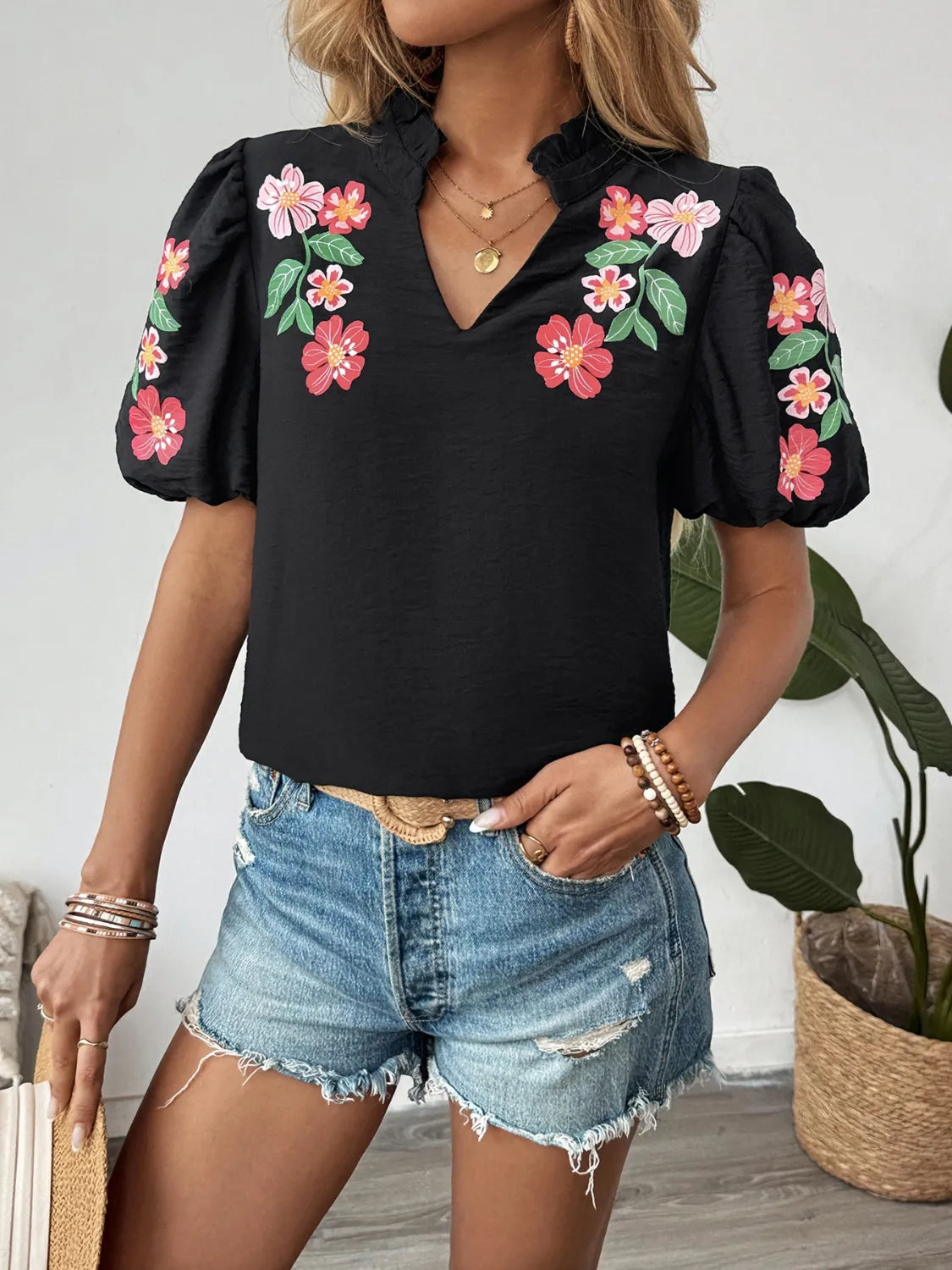 Floral Puff Sleeve Notched Blouse