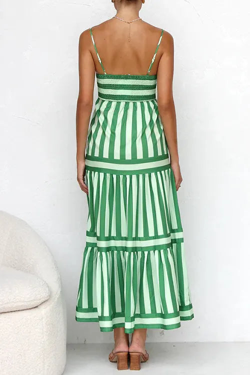 Spaghetti Strap Ruffle Tiered Color Block Striped Maxi Dress
